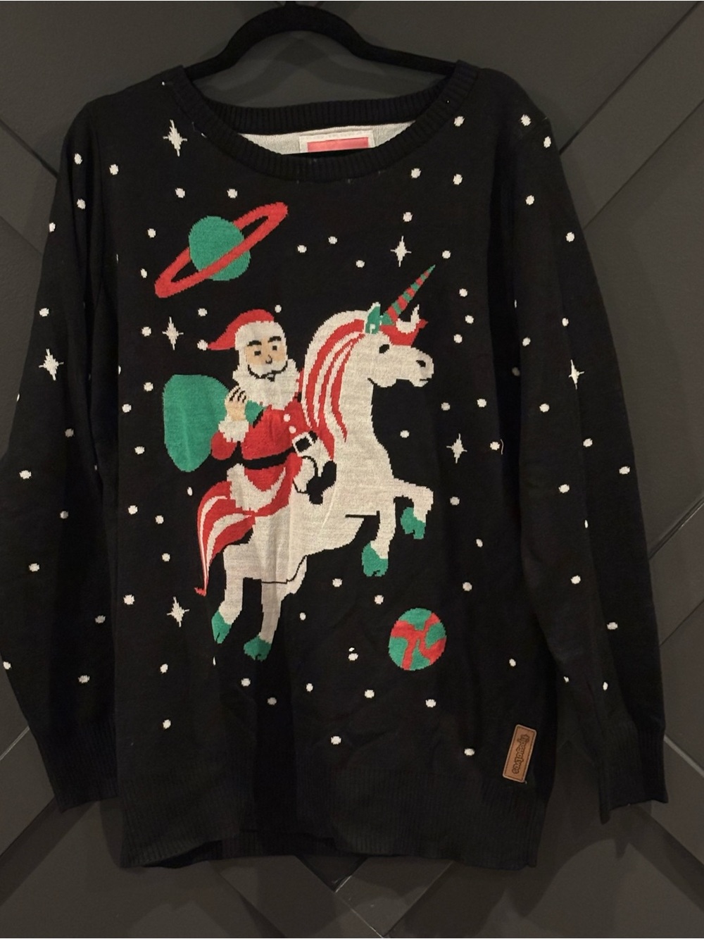 NWOT Tipsy Elves Black Santa Riding White Unicorn Holiday Sweater